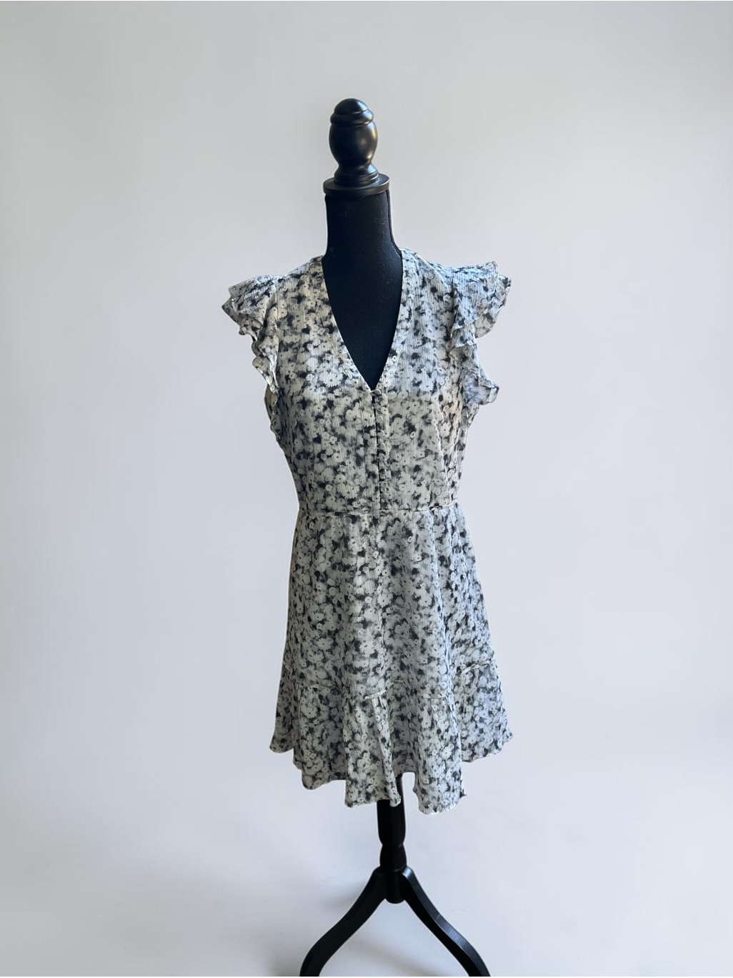 Club Monaco Black And White Floral Ruffle Mini Dress